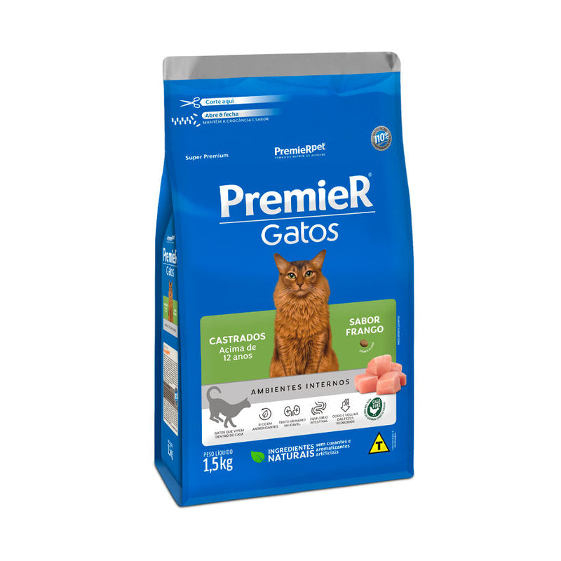 Ração Premier Ambientes Internos para Gatos Adultos Castrados 12+ Sabor Frango 1.5 Kg