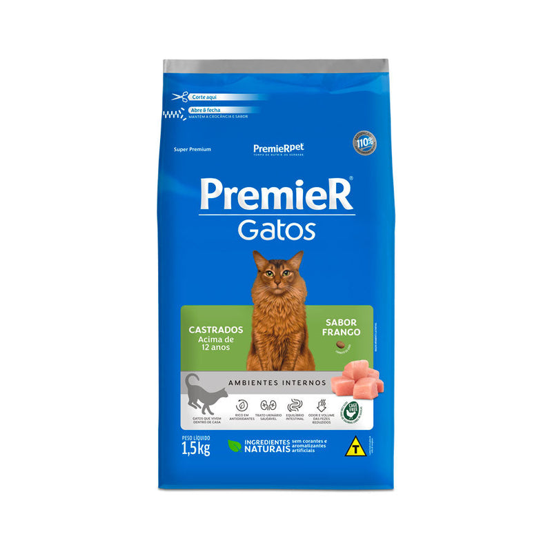 Ração Premier Ambientes Internos para Gatos Adultos Castrados 12+ Sabor Frango 1.5 Kg