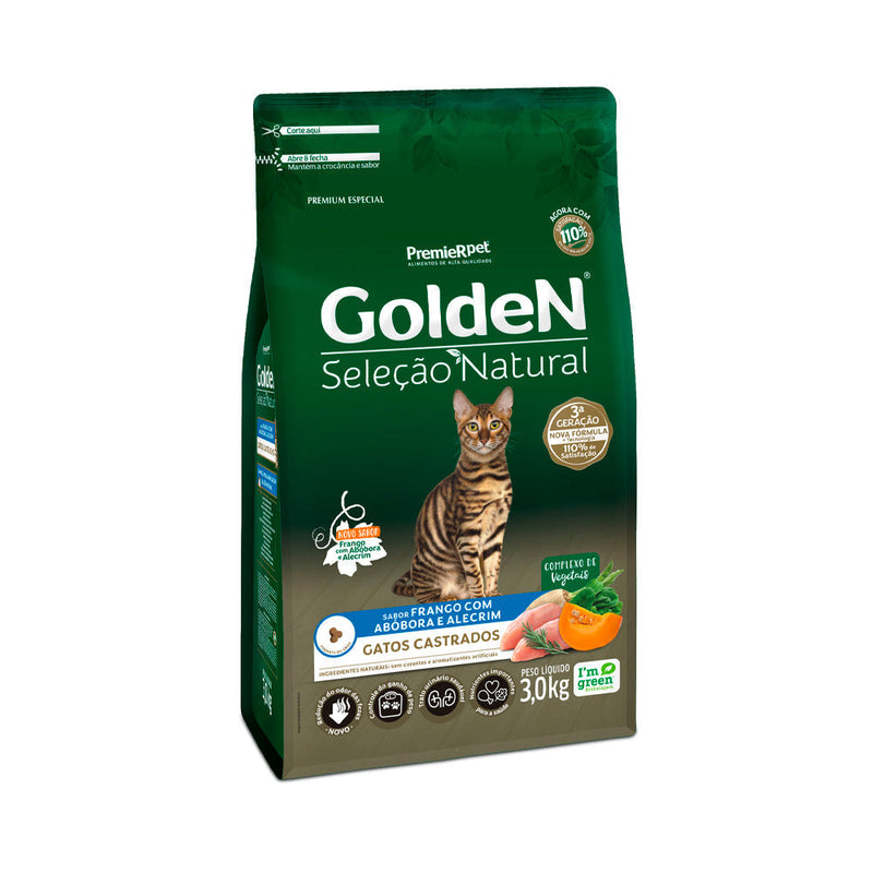 Ração Golden Seleção Natural para Gatos Adultos Castrados Sabor Frango com Abóbora e Alecrim