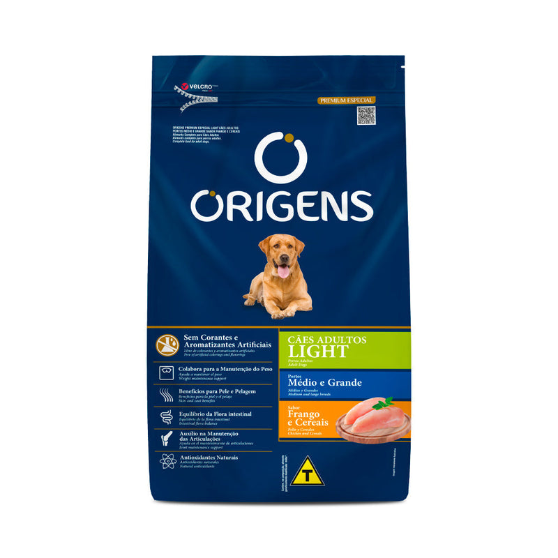 Ração Origens Light para Cães Adultos de Porte Médio e Grande Sabor Frango e Cereais