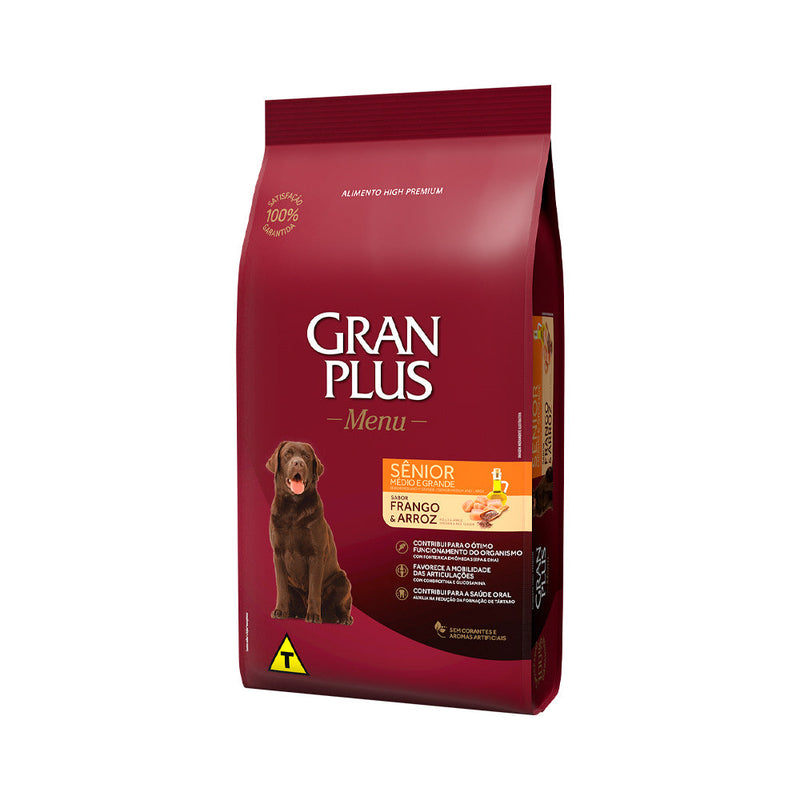 Ração GranPlus Menu para Cães Sênior de Porte Médio e Grande Sabor Frango e Arroz