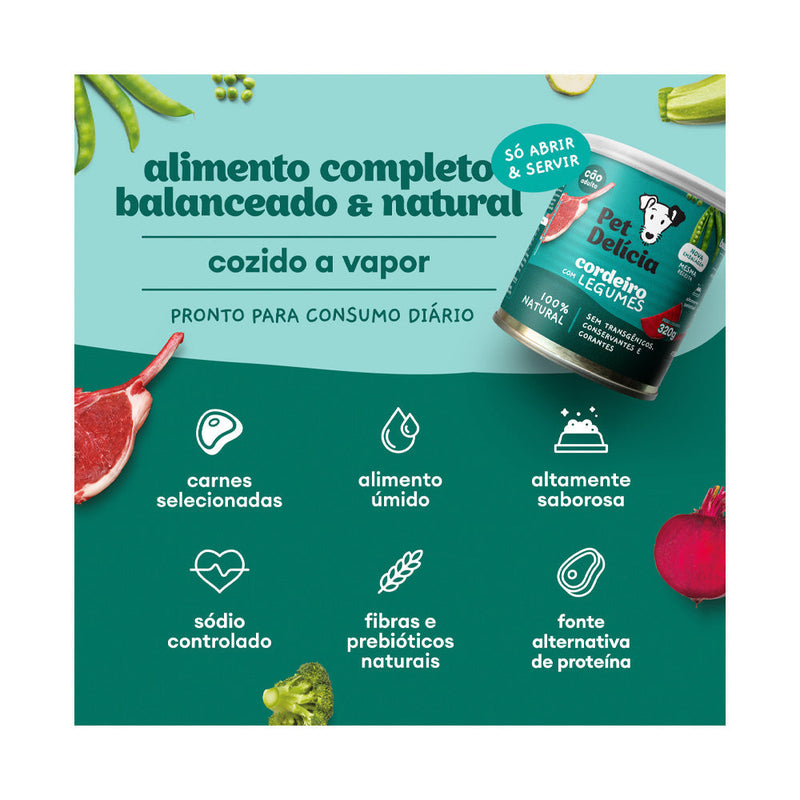 Ração Úmida Natural Pet Delícia Cordeiro com Legumes Proteína Alternativa para Cães Adultos 320 g