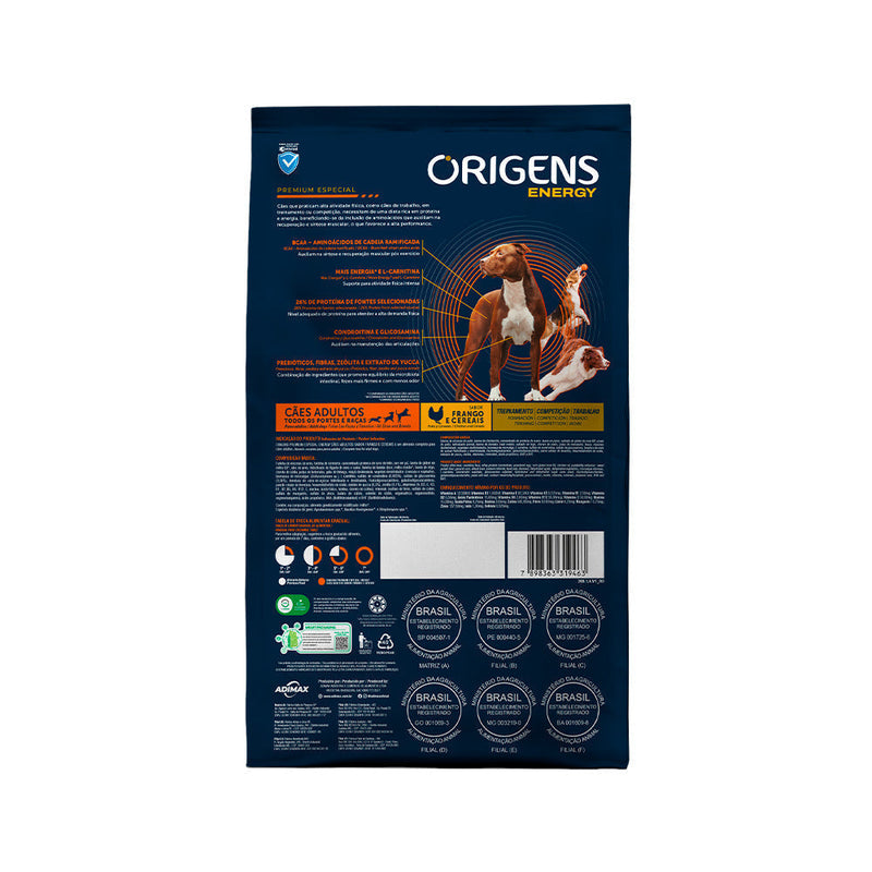 Ração Origens Energy para Cães Adultos Sabor Frango e Cereais 15 kg