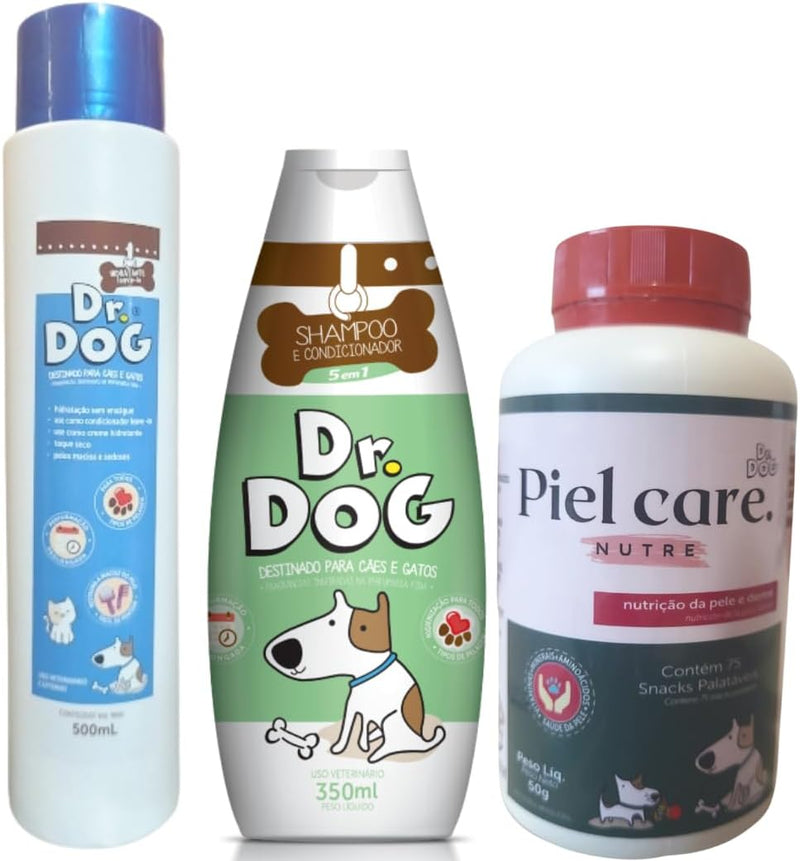 Kit de Banho Pet Alérgico: Shampoo Hipoalergênico +condicionador hidratante sem enxágue + Snack Funcional Suplemento Pele Derme Pet Alérgico