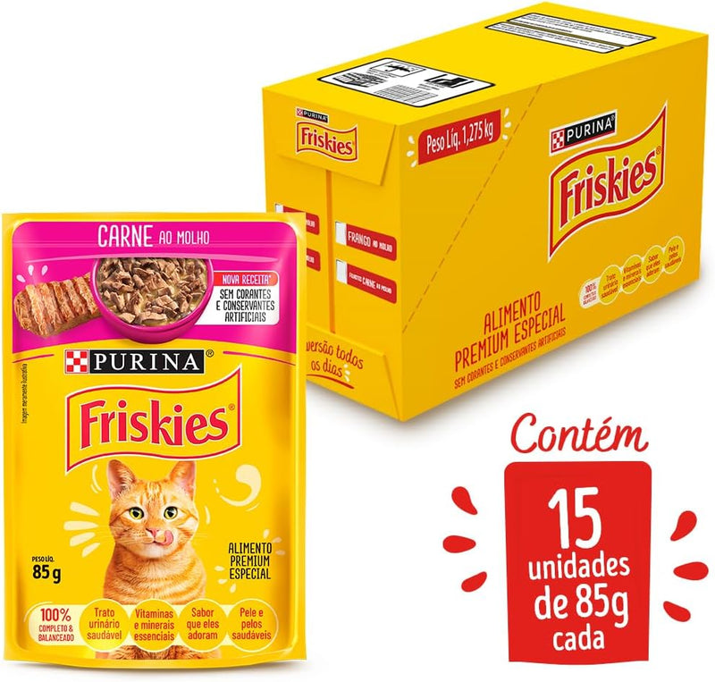 Pack Nestlé Purina Friskies Ração Úmida Para Gatos Adultos Carne Ao Molho - Com 15 Sachês 85g