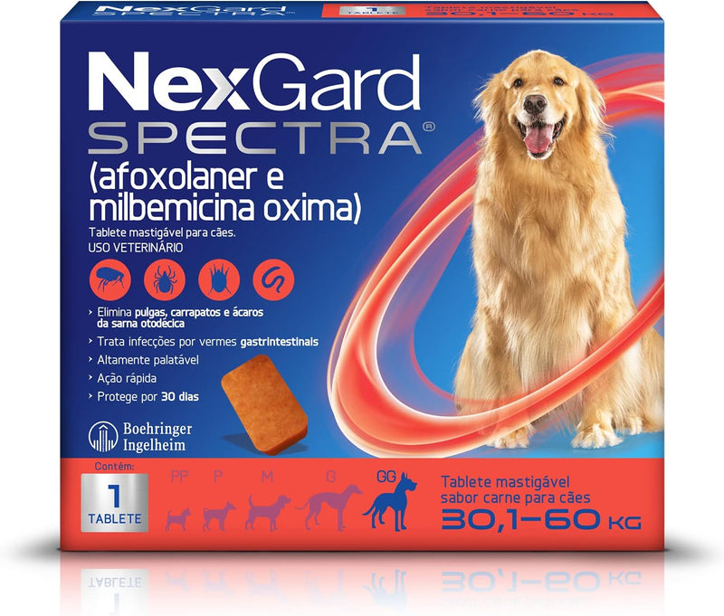 NexGard Spectra Antipulgas e Carrapatos e Vermífugo para Cães de 30,1 a 60kg - 1 tablete