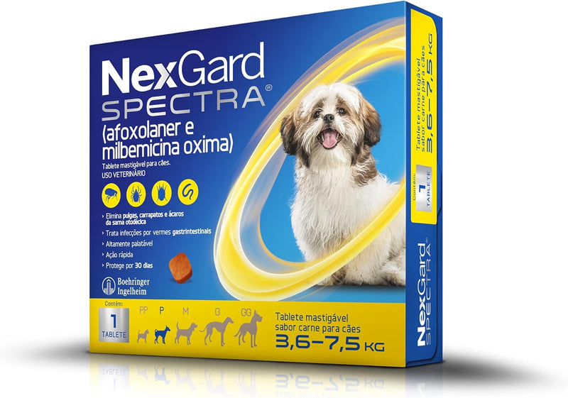 NexGard Spectra Antipulgas e Carrapatos e Vermífugo para Cães de 3,6 a 7,5kg - 1 tablete