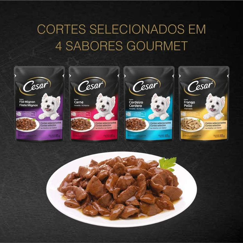 Pack Ração Úmida Cesar Sachê Cortes Selecionados Cordeiro Assado ao Molho Para Cães Adultos 85 g - 40 unidades