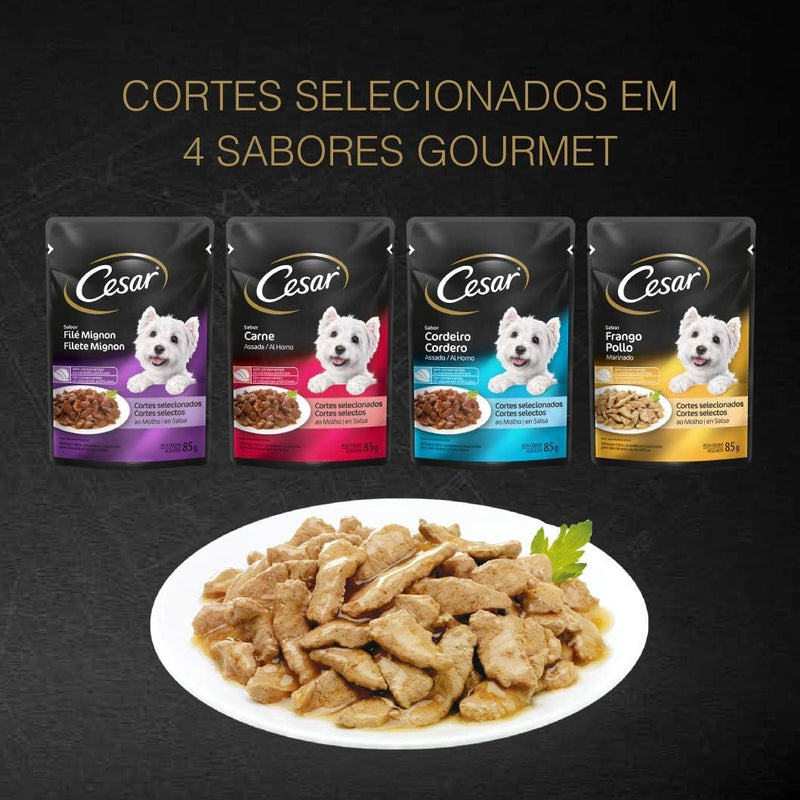 Pack Ração Úmida Cesar Sachê Cortes Selecionados Frango Marinado ao Molho Para Cães Adultos 85 g - 40 unidades