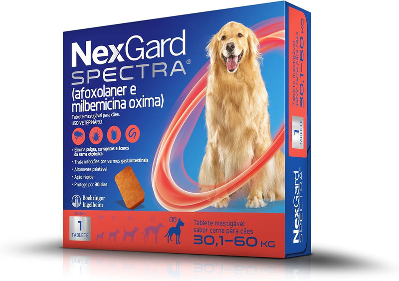 NexGard Spectra Antipulgas e Carrapatos e Vermífugo para Cães de 30,1 a 60kg - 1 tablete