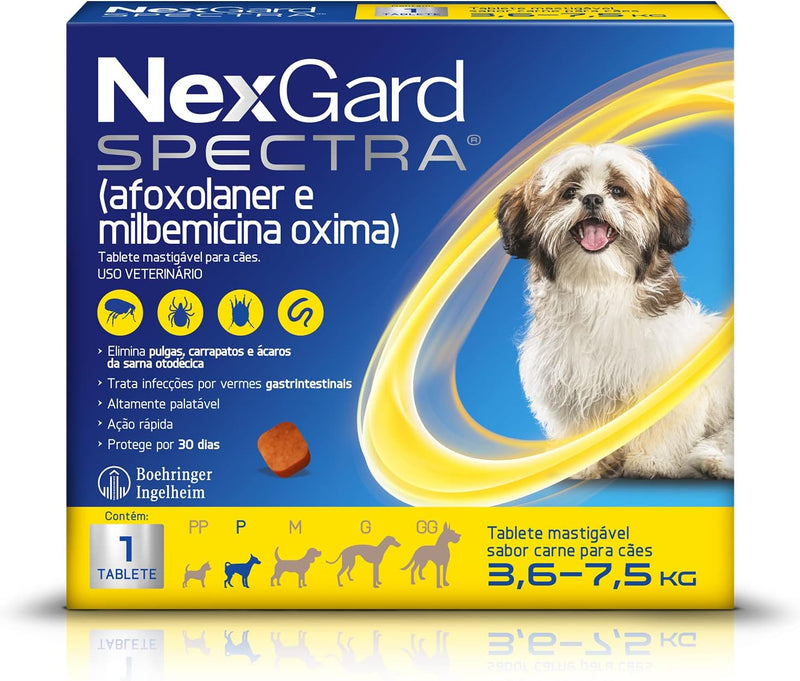 NexGard Spectra Antipulgas e Carrapatos e Vermífugo para Cães de 3,6 a 7,5kg - 1 tablete