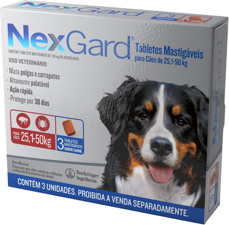 NexGard Antipulgas e Carrapatos para Cães de 25,1 a 50kg, 3 tabletes