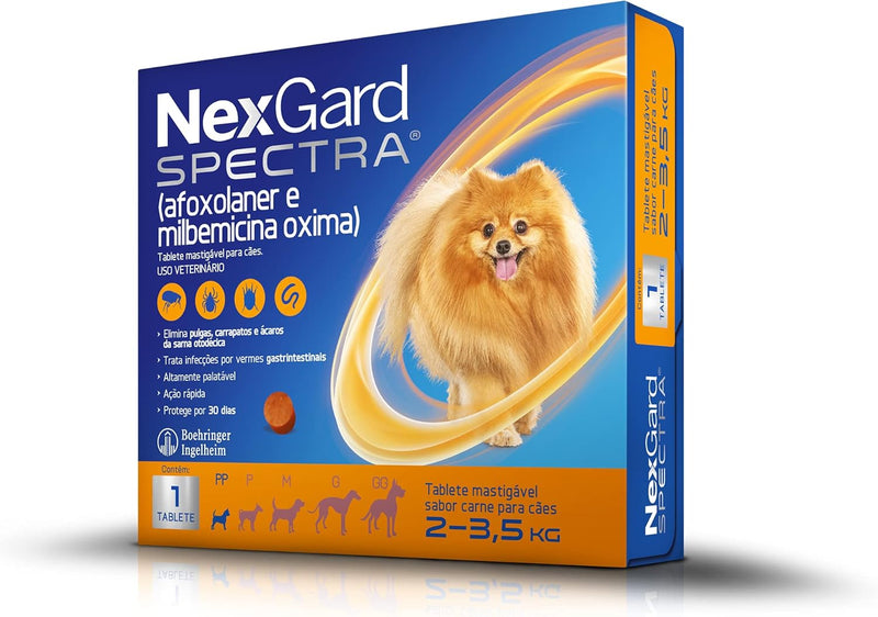 NexGard Spectra Antipulgas e Carrapatos e Vermífugo para Cães de 2 a 3,5kg - 1 tablete