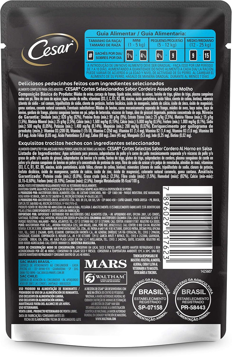 Pack Ração Úmida Cesar Sachê Cortes Selecionados Cordeiro Assado ao Molho Para Cães Adultos 85 g - 40 unidades
