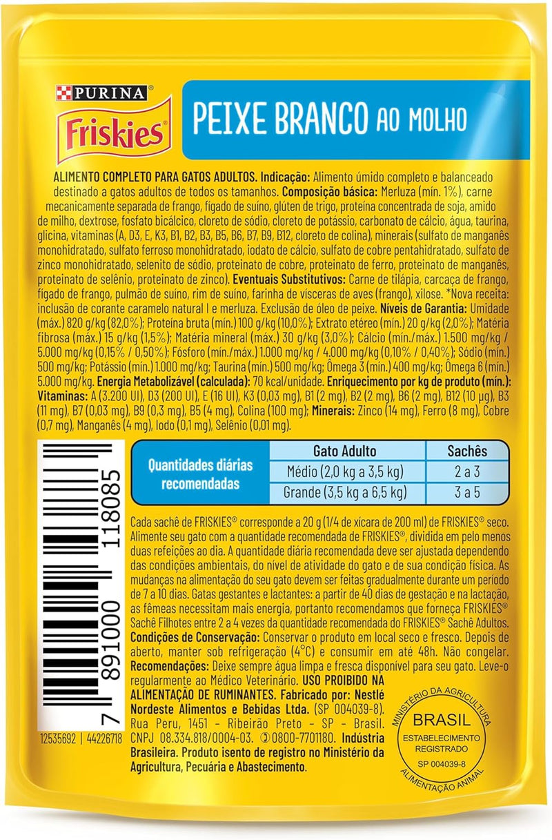 Pack Ração Úmida Friskies Para Gatos Adultos Sabor Peixe Branco Ao Molho - Com 15 Sachês 85g