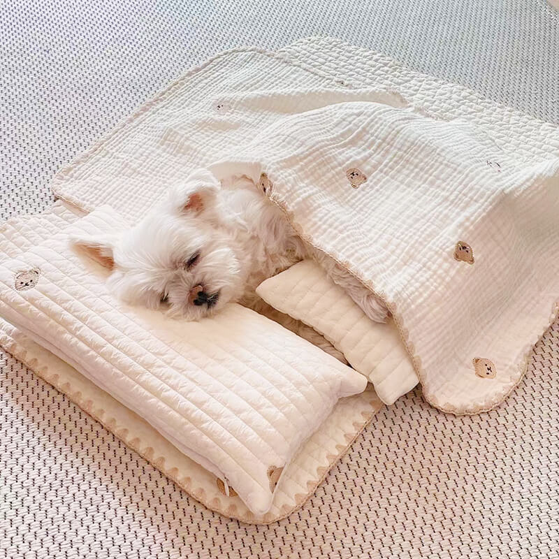 Conjunto de Cama Aconchegante com Travesseiro de Algodão Bordado para Animais de Estimação